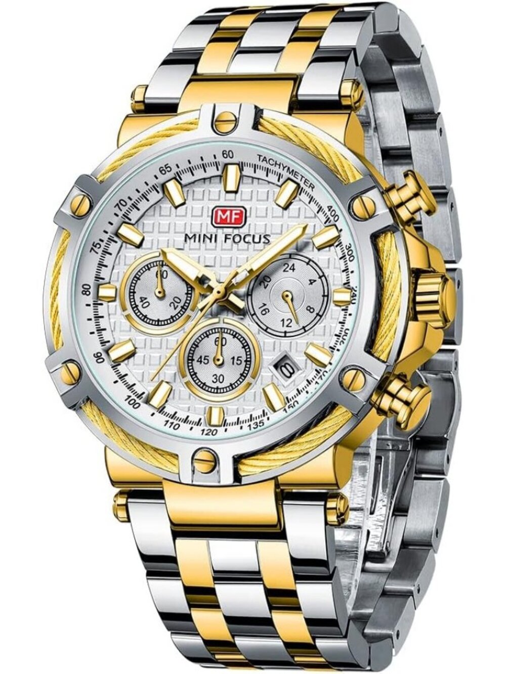 Men's Silver Golden Chronograph Big Face Stainless Steel Band Luminous Watch